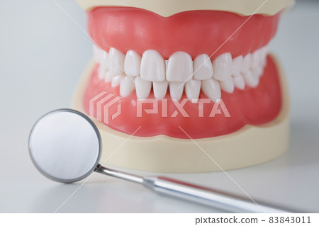 Dental instruments mirror lying near artificial jaw closeup 83843011