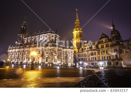 Night view of the Old Town architecture with Elbe river embankment in Dresden, Saxony, Germany Night view of the Old Town architecture with Elbe river embankment in Dresden, Saxony, Germany 83843557