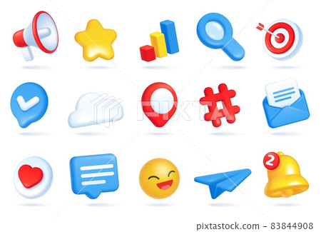 3d social media icons, digital marketing and advertising icon. Heart like, megaphone, emoji, bell notification, chat bubble symbols vector set 83844908