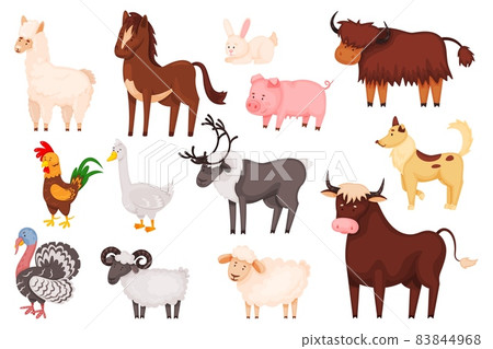 Cartoon farm animals and birds, cute domestic animal characters. Sheep, goat, pig, rabbit, dog, horse, turkey, livestock farming vector set 83844968