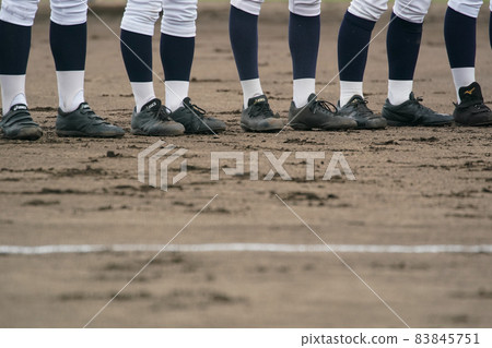 Baseball players dashing and lining up in front of the home base when a baseball game starts 83845751