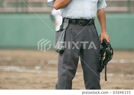 A ball umpire waiting for a pitcher's pitching practice during a baseball game 83846155