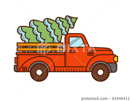 Vintage red christmas truck with a christmas tree Vintage red christmas truck with a christmas tree 83846412