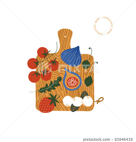 Charcuterie board illustration. Appetizers board with various food. Antipasti. Catering composition. Charcuterie board illustration. Appetizers board with various food. Antipasti. Catering composition. 83846438