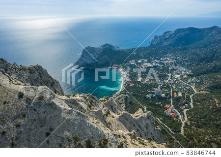 Novyi Svit town in Crimea. View from the top of Falcon Sokol mountain Novyi Svit town in Crimea. View from the top of Falcon Sokol mountain 83846744
