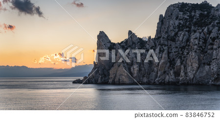 Panoramic picture of evening sunset over the Caraul-Oba mountain, Novy Svet, Crimea Panoramic picture of evening sunset over the Caraul-Oba mountain, Novy Svet, Crimea 83846752