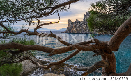 Landscape view of Karaul-Oba mountain and Blue bay in Crimea, New Light resort, Russian Federation Landscape view of Karaul-Oba mountain and Blue bay in Crimea, New Light resort, Russian Federation 83846759