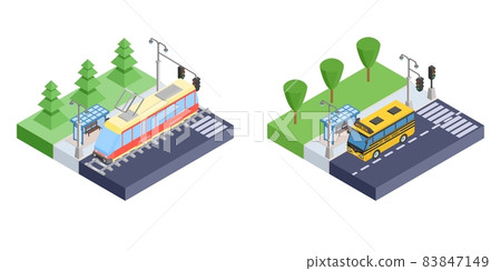 isometric icons stop transport tram and bus vector isometric icons stop transport tram and bus vector 83847149