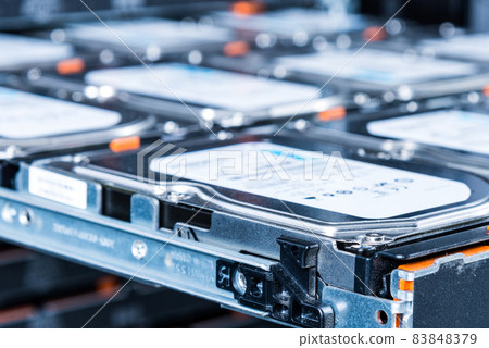 server cabinet with open hard disk cluster tray 83848379