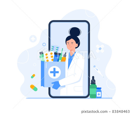 Smartphone screen with a female pharmacist with a bag of medication. Online pharmacy, delivery drugs, prescription medicines. Vector flat illustration. 83848463