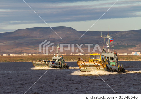 Crossing the Anadyr Estuary on barges 83848540