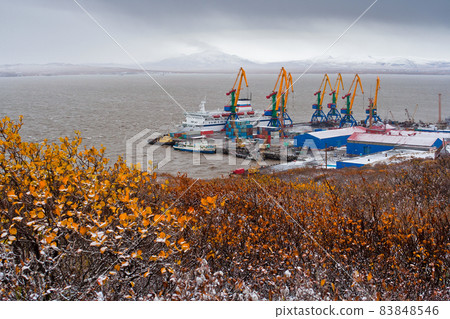 Autumn landscape with a seaport 83848546