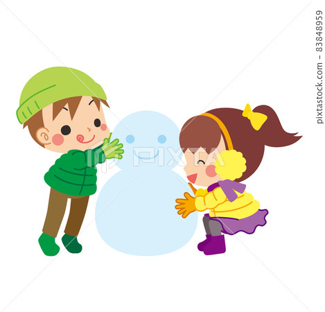 Illustration of a cute little boy and girl making a snowman Clip art White background 83848959