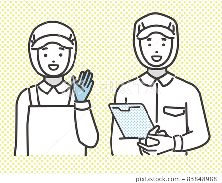 Vector illustrations of men and women in food factories and school lunch staff who wave their hands or have binders / hospitals / factories / cooks / requests 83848988