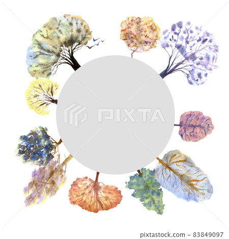 Watercolor invitation with forest on white ackground. Oak, birch, juniper, willow, spruce trees and other ones. 83849097