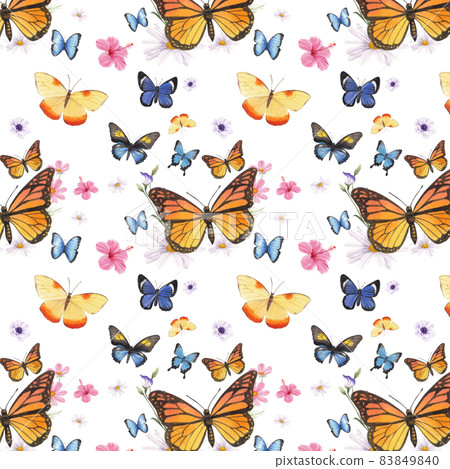 Purple blue butterfly with floral pattern seamless watercolor Purple blue butterfly with floral pattern seamless watercolor 83849840