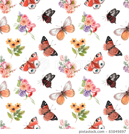 Butterfly flower pattern seamless watercolor - Stock Illustration ...