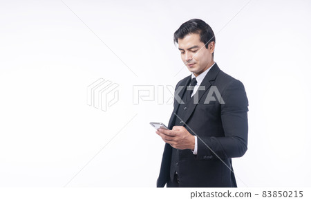 Business success technology concept. Confident positive handsome businessman looking communication Business success technology concept. Confident positive handsome businessman looking communication 83850215