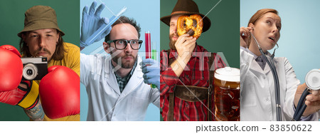 Collage made of images of chemist, waiter, doctor and cameraman isolated on green and blue studio background. 83850622