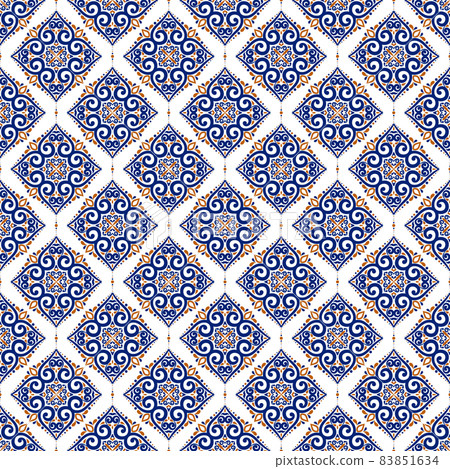 Blue and orange seamless pattern. Geometric. Ornament, Traditional, Ethnic, Arabic, Turkish, Indian motifs. Great for fabric and textile, wallpaper, packaging or any desired idea. 83851634