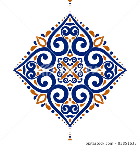 Blue and orange Tile. Geometric. Ornament, Traditional, Ethnic, Arabic, Turkish, Indian motifs. Great for fabric and textile, wallpaper, packaging or any desired idea.  83851635