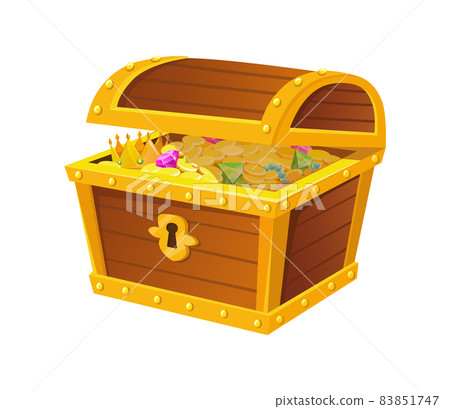 Chest of gold. Beam of lights falls on treasures, deposit medieval cash, vector illustration 83851747