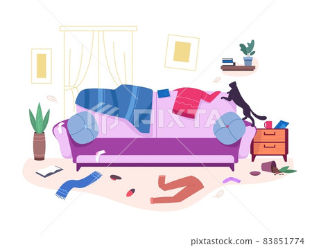 Disorderly room. Clutter interior mess house apartment, cluttered clothes, vector illustration 83851774
