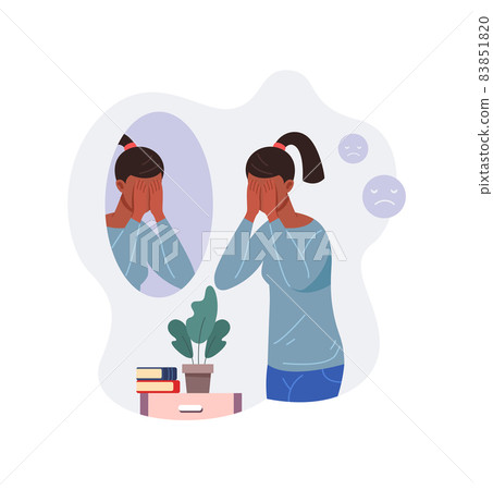 Crying girl at mirror. Sad woman cry, vector 83851820