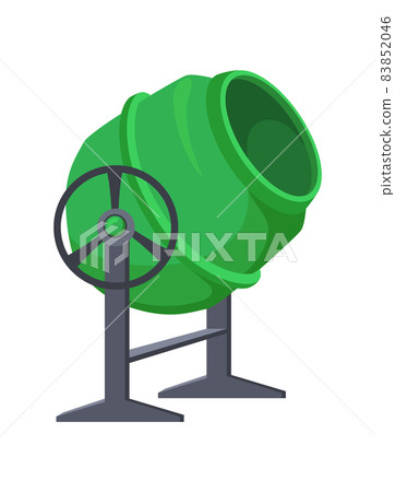 Construction concrete mixer. Green tool mixing cement on wheels, industrial machine, cartoon flat vector icon illustration 83852046