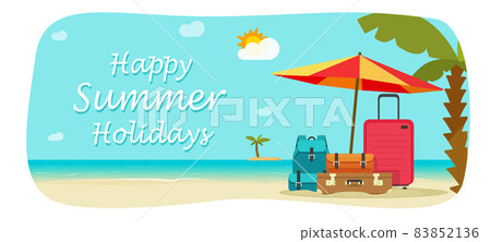 Travel beach vector summer banner or tourism trip landscape and sea coast island scenery resort poster with suitcase baggage or luggage flat cartoon vector illustration background for copy space text 83852136