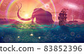 Fantasy summer sunset landscape drawing with magic blue sea and ship, sun light with rocks, pink sky with planets, seascape art with green water, beautiful fairy tale ocean illustration. 83852396