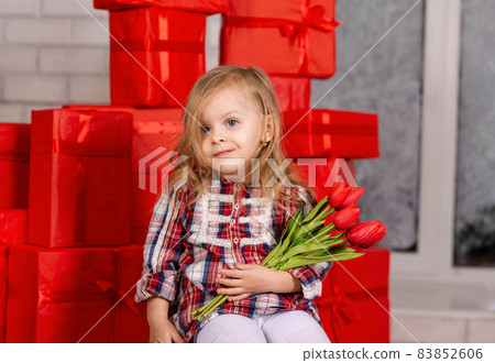 Charming girl is surprised of happy birthday gift. Mothers day 83852606