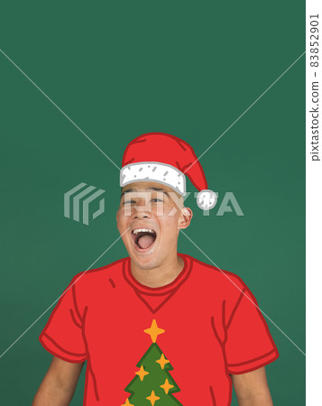 Contemporary art collage of joyful young man wearing red drawn sweater and holiday hat isolated over red background. Concept of winter holiday Contemporary art collage of joyful young man wearing red drawn sweater and holiday hat isolated over red background. Concept of winter holiday 83852901
