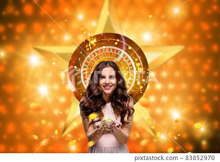 Collage of casino images with roulette and woman with chips in hands 83852970