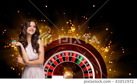 Collage of casino images with roulette and woman with chips in hands 83852972