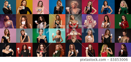 Collage of females with make-up, in stylish dresses and jewelry. They smiling, showing aces and chips, posing on colorful backgrounds. Poker, casino 83853006