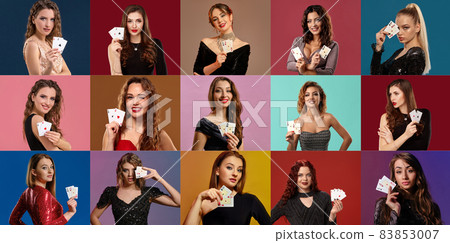 Collage of women with make-up and hairstyles, in stylish dresses and jewelry. Smiling, showing aces, posing on colorful backgrounds. Poker, casino Collage of women with make-up and hairstyles, in stylish dresses and jewelry. Smiling, showing aces, posing on colorful backgrounds. Poker, casino 83853007