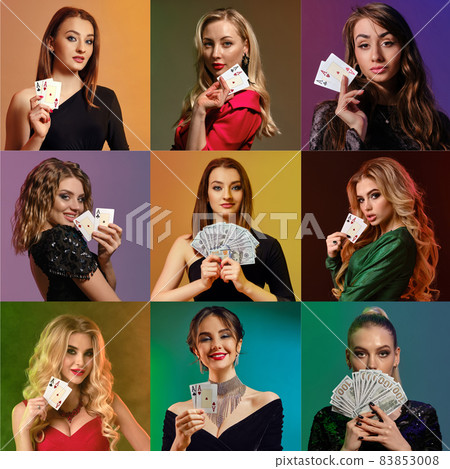 Collage of models with make-up, in luxury dresses. Smiling, showing money and aces, posing on colorful backgrounds. Poker, casino. Close-up Collage of models with make-up, in luxury dresses. Smiling, showing money and aces, posing on colorful backgrounds. Poker, casino. Close-up 83853008