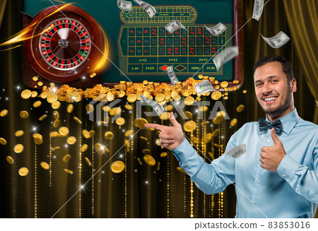 Collage of casino images with roulette table and smiling man showing thumbs up 83853016