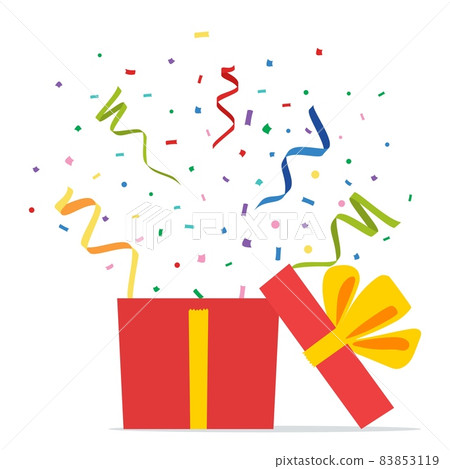 Opened Gift Box and Confetti. 83853119