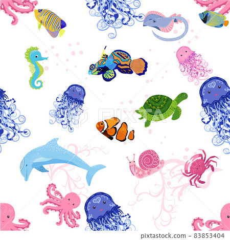 Marine life, fish, animals bright seamless pattern. sea travel, underwater diving animal tropical fish. Jellyfish, whale, shark, seahorse, clown fish, dolphin, turtle emperor fish octopus stingray 83853404