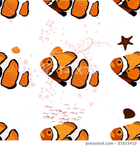 Amphiprion, sea inhabitants seamless pattern, beautiful character among seashells, algae, starfish, marine wildlife. Orange bright sea dweller clown fish surrounded Amphiprion, sea inhabitants seamless pattern, beautiful character among seashells, algae, starfish, marine wildlife. Orange bright sea dweller clown fish surrounded 83853410