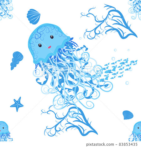 Jellyfish, fish, animals bright seamless patterns. Sea travel, snorkeling with animals, tropical fish 83853435