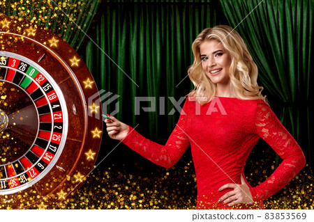 Collage of casino images with roulette and woman with chips in hands 83853569