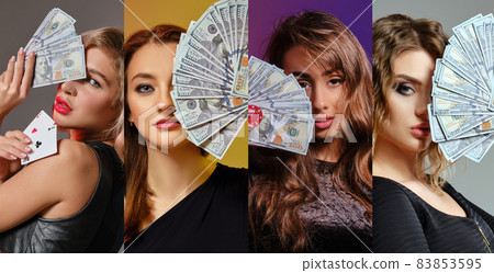 Collage. Females in stylish dresses. Showing fans of hundred dollar bills, aces and red chip, posing on colorful backgrounds. Poker, casino. Close-up 83853595
