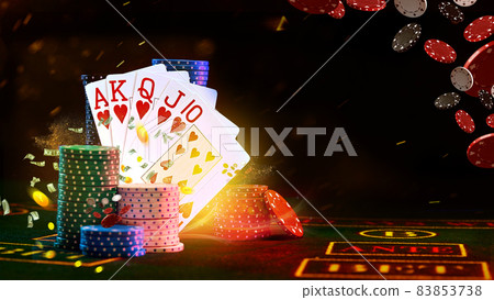 Royal flush leaning on colorful chips piles on green playing table, against black background. Flying dollars, chips and coins. Casino, poker. Close-up Royal flush leaning on colorful chips piles on green playing table, against black background. Flying dollars, chips and coins. Casino, poker. Close-up 83853738
