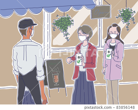 兩名戴口罩的女顧客展示智能手機的插圖,向咖啡館店員展示疫苗接種證書屏幕 兩名戴口罩的女顧客展示智能手機的插圖,向咖啡館店員展示疫苗接種證書屏幕 83856148