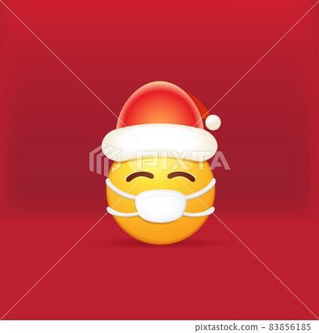 Vector Emoji sticker with mouth medical protection mask and santa claus red hat isolated on red background. Yellow santa smile face character with Christmas hat and white surgeon mask. Vector Emoji sticker with mouth medical protection mask and santa claus red hat isolated on red background. Yellow santa smile face character with Christmas hat and white surgeon mask. 83856185