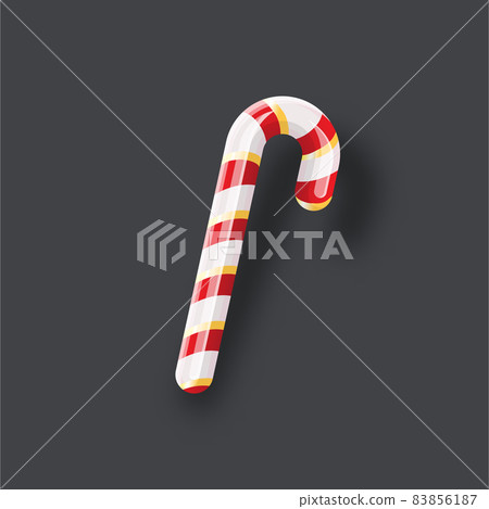 Christmas candy cane with shadow isolated on grey background. Xmas Stripped cartoon lollipop. Vector candy cane 83856187