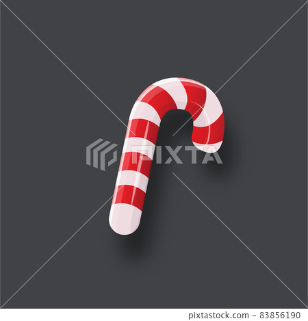 Christmas candy cane with shadow isolated on grey background. Xmas Stripped cartoon lollipop. Vector candy cane Christmas candy cane with shadow isolated on grey background. Xmas Stripped cartoon lollipop. Vector candy cane 83856190